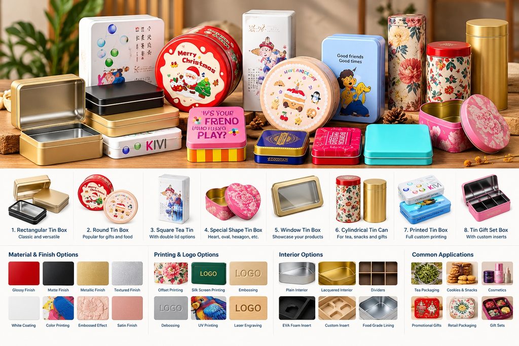 Custom tin gift boxes featuring rectangular metal tins, round Christmas tins, square tea tins, printed tinplate boxes, window lids and embossed designs