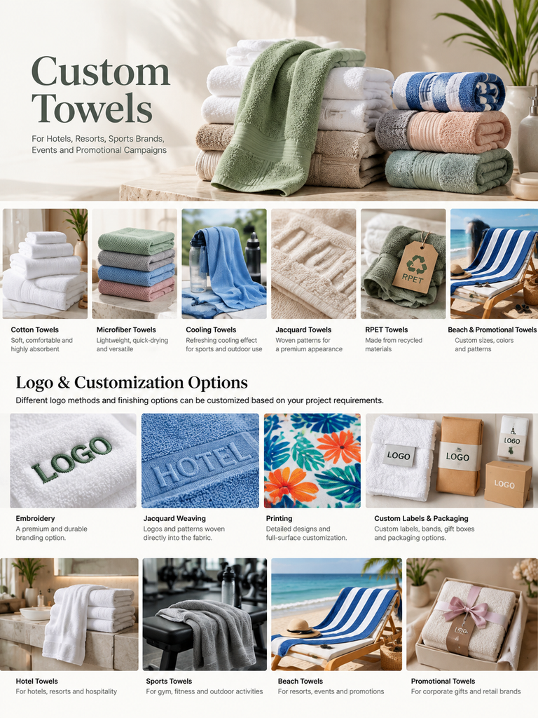 Custom towels including cotton, microfiber, cooling, jacquard and RPET towel styles