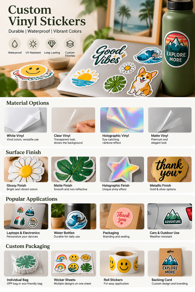 Custom vinyl stickers in white, clear, holographic and matte finishes for laptops, water bottles, packaging and outdoor applications