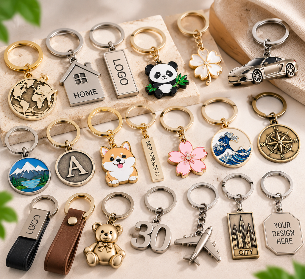 Custom zinc alloy keychains in gold and silver finishes with enamel designs, logo tags and custom shapes