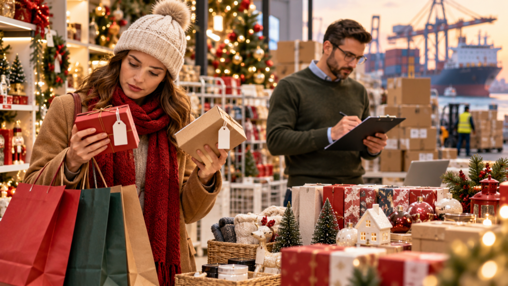 Holiday shoppers comparing gift products while a retail buyer plans seasonal inventory and product sourcing