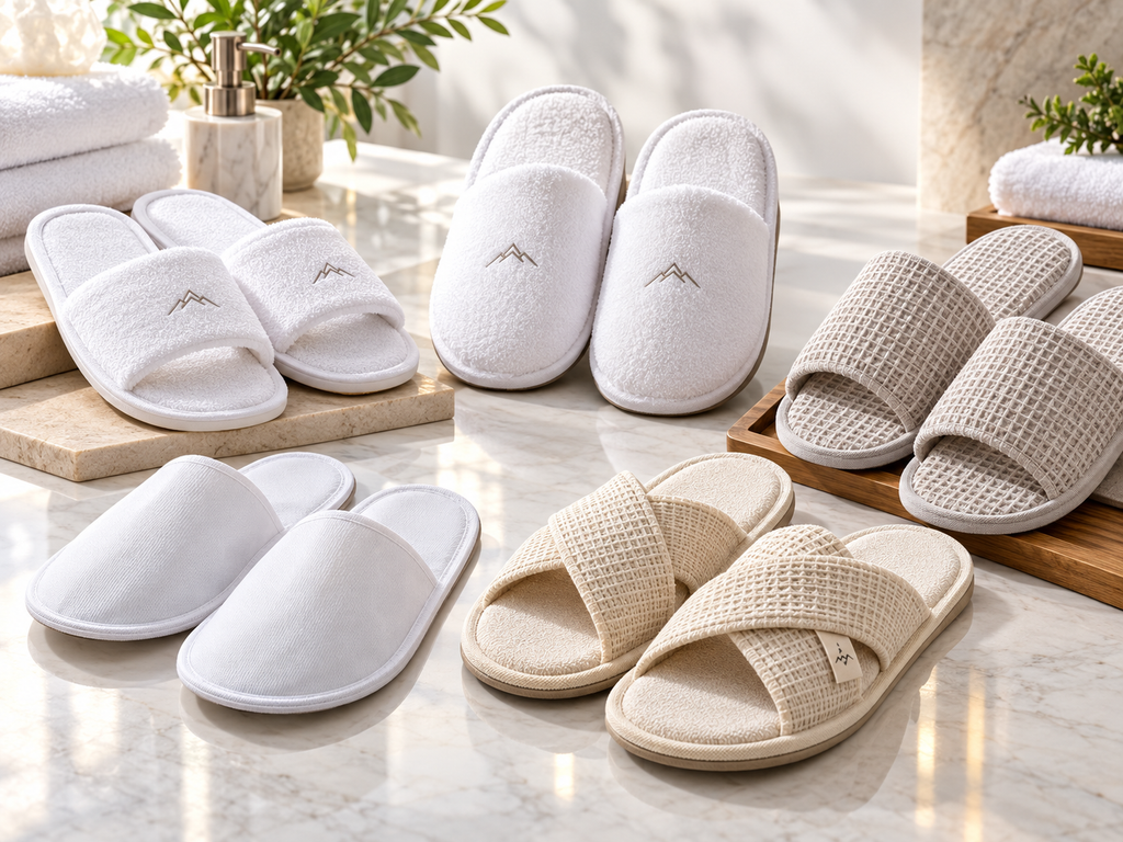 Custom hotel slippers in disposable, spa, premium and open-toe styles with different fabrics and designs