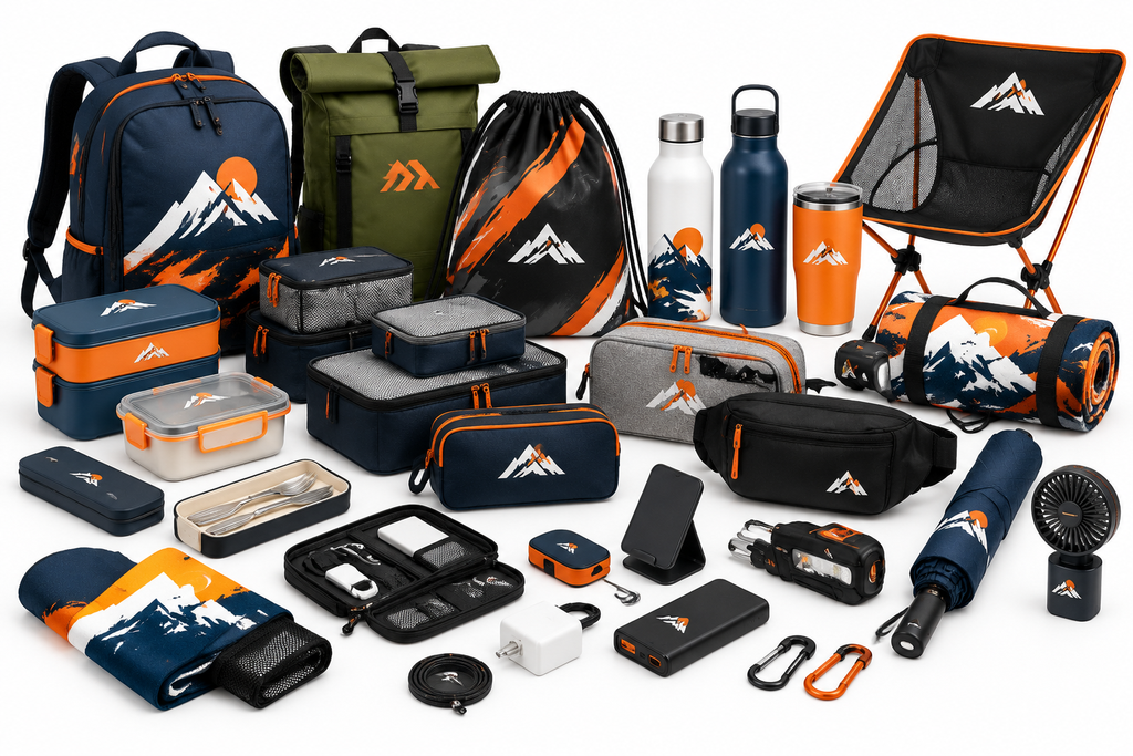 Lifestyle and outdoor products including bags, bottles and practical everyday items