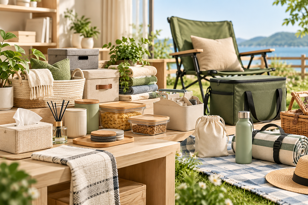 Lifestyle products including home storage baskets, organizers, picnic blankets, folding chairs and cooler bags sourced from China
