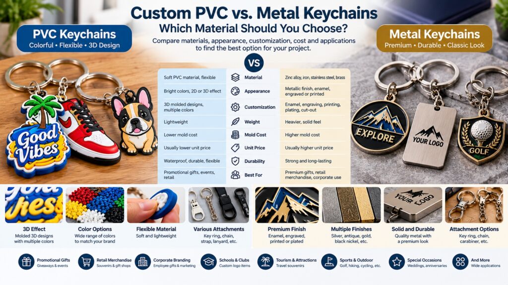 PVC vs metal keychains comparison showing colorful flexible 3D soft PVC designs and engraved, enamel and plated metal keychains